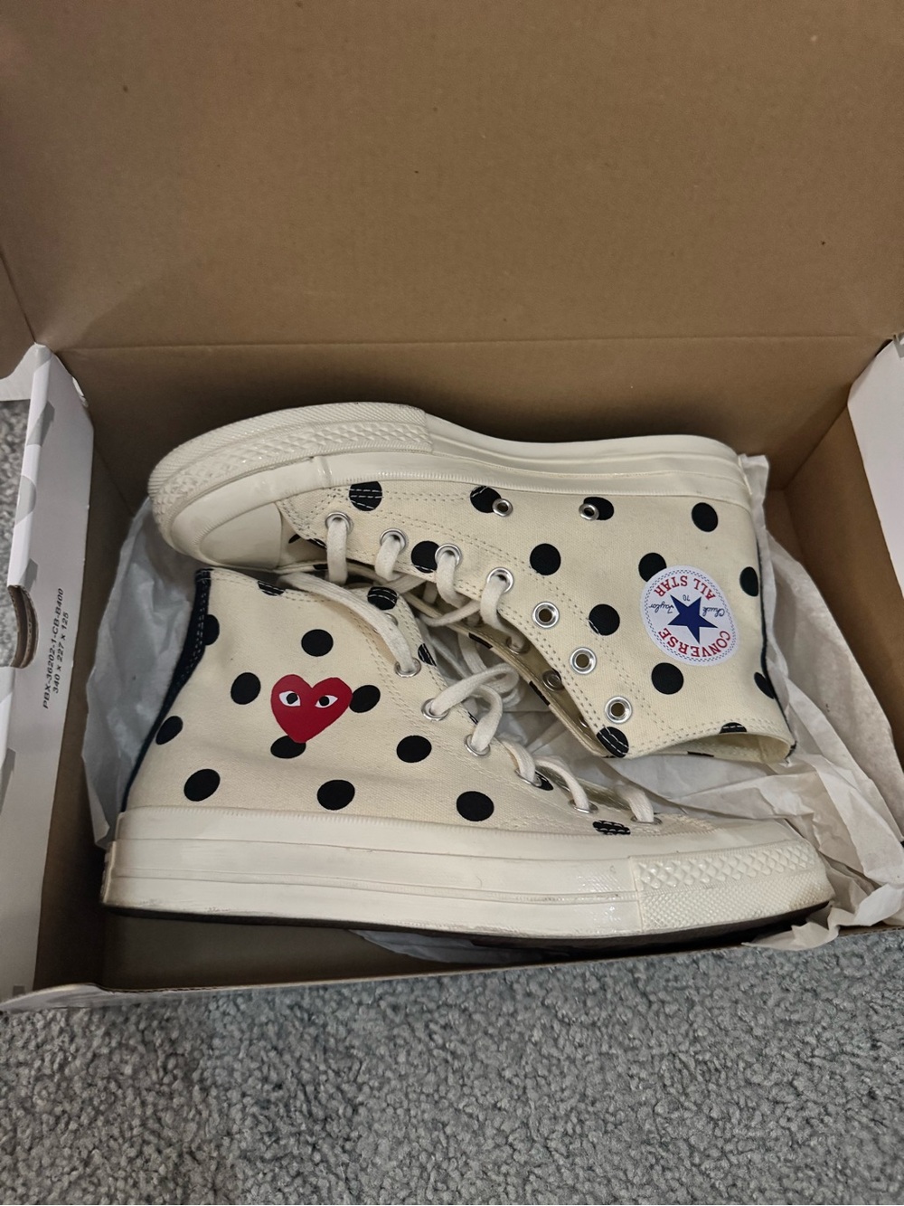 Comme des Garcons Polka Dot High-Top Converse Play Cream, Black & Red